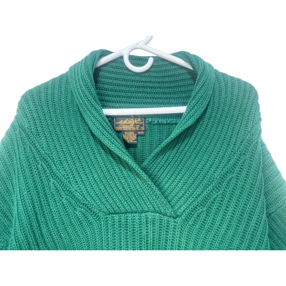 Vintage Eddie Bauer Chunky Knit Sweater Mens Medium Green Shawl Cowl Neck Preppy - Picture 8 of 13